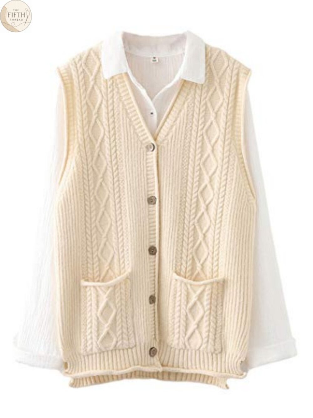 Womens V-Neck Button Down Cable Knit Sweater Vest with Pockets